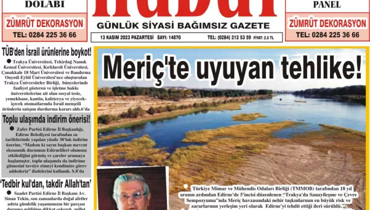 13 Kasım 2023 Pazartesi Hudut Gazetesi