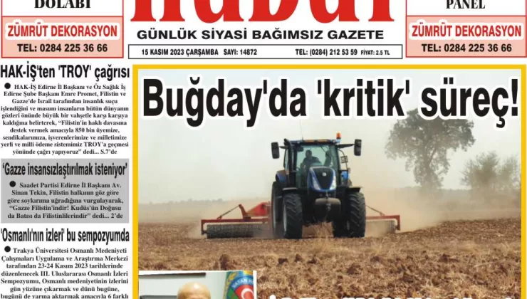 15 Kasım 2023 Çarşamba Hudut Gazetesi