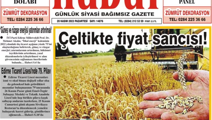 20 Kasım 2023 Pazartesi Hudut Gazetesi
