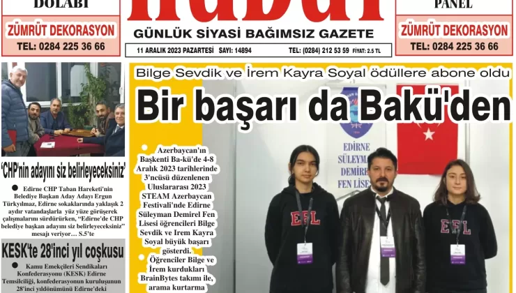 11 Aralık 2023 Pazartesi Hudut Gazetesi