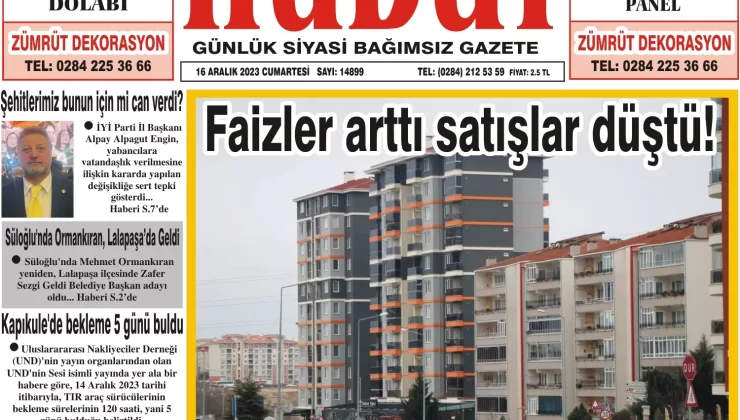 16 Aralık 2023 Cumartesi Hudut Gazetesi