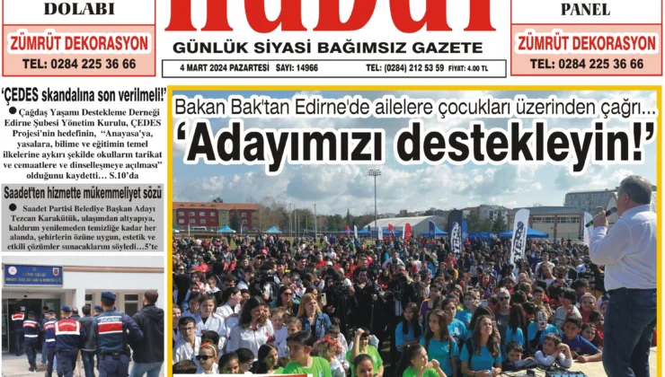 4 Mart 2024 Pazartesi Hudut Gazetesi