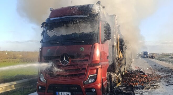 Domates yüklü TIR, yangında kül oldu!