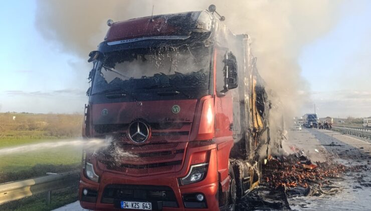 Domates yüklü TIR, yangında kül oldu!