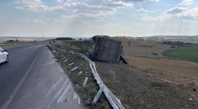Buğday yüklü kamyon devrildi; sürücü yaralı