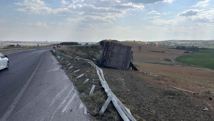 Buğday yüklü kamyon devrildi; sürücü yaralı